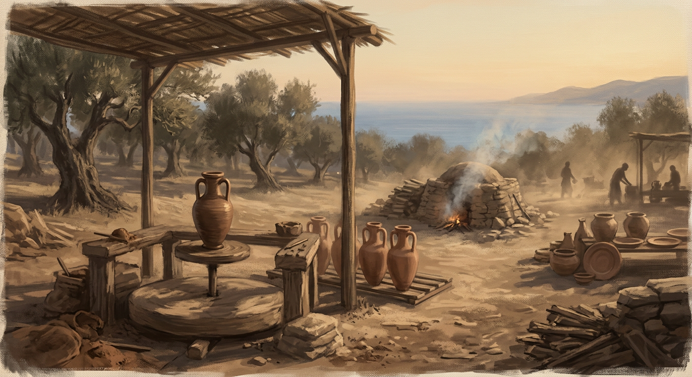 Sample composed scene showing the amphora's original setting: an open-air ancient pottery workshop among olive trees by the sea