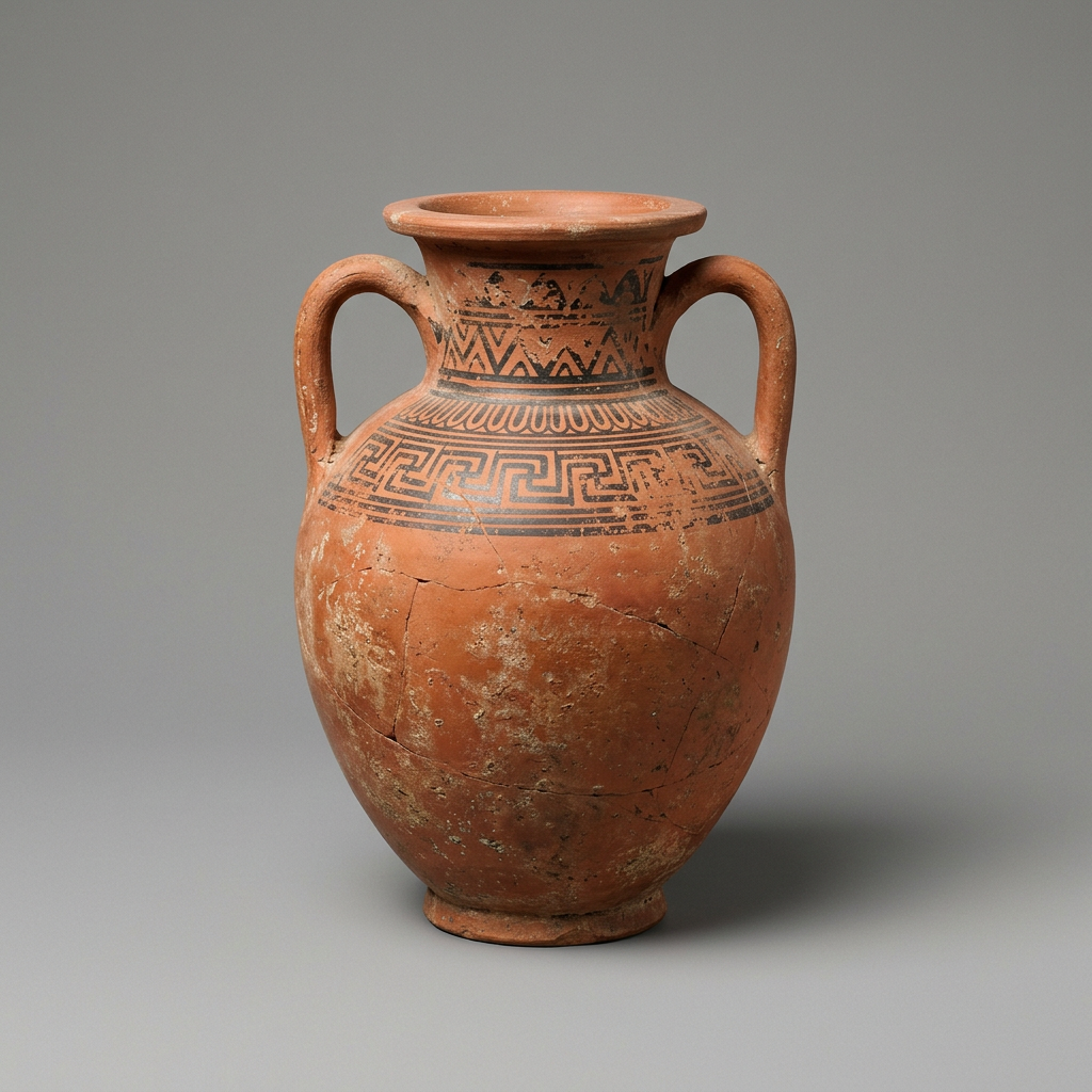 Sample photo of a cracked terracotta amphora, as uploaded by a museum team, on a plain grey backdrop